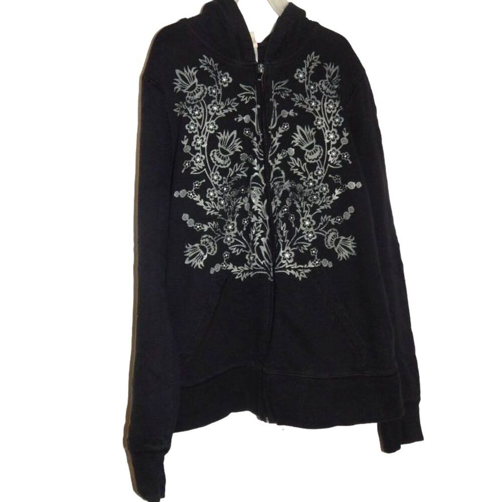Faded Glory women’s small black floral graphic zip hooded jacket Y2K vintage